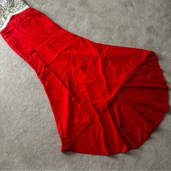 Champagne Silver and Red Embellished High Slit Halter Train Dress - Picture 5 of 7